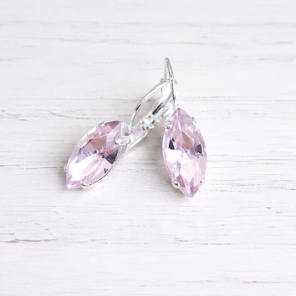 Jewelry - Silver Lever Back Drop Earrings, Light Pink Crystals, Hand Crafted